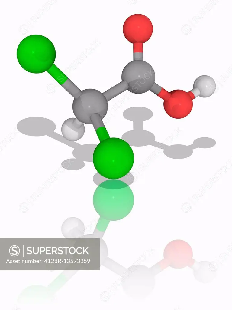 Dichloroacetic acid. Molecular model of the chemical dichloroacetic acid (C2.H2.Cl2.O2). Also known as DCA, this is an analogue of acetic acid with tw...