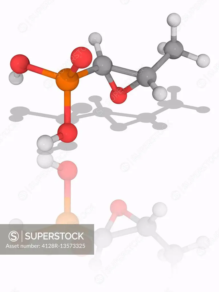 Fosfomycin. Molecular model of the broad-spectrum antibiotic fosfomycin (C3.H7.O4.P), also known as phosphomycin. This drug is used in the treatment o...