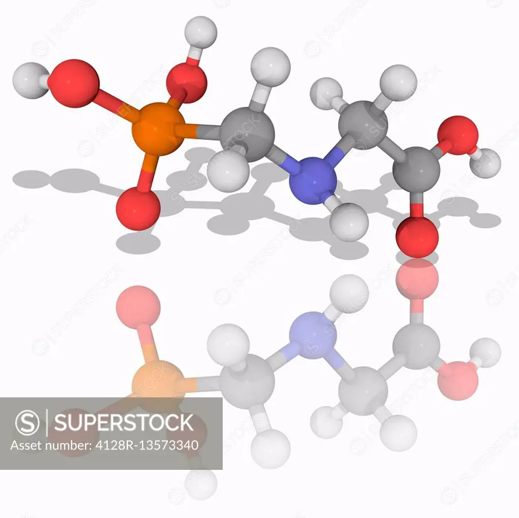 Glyphosate. Molecular model of the weedkiller glyphosate (C3.H8.N.O5.P), a broad-spectrum herbicide. Atoms are represented as spheres and are colour-c...