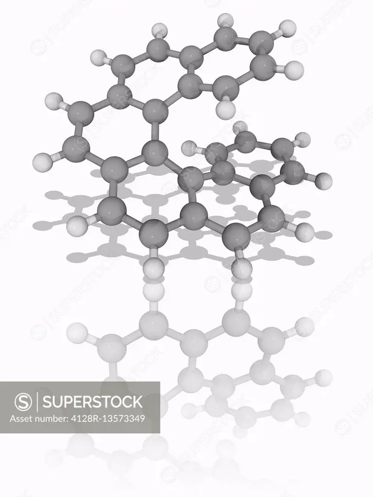 Hexahelicene. Molecular model of the aromatic compound hexahelicene (C26.H16), with a structure consisting of benzene rings angularly arranged to give...