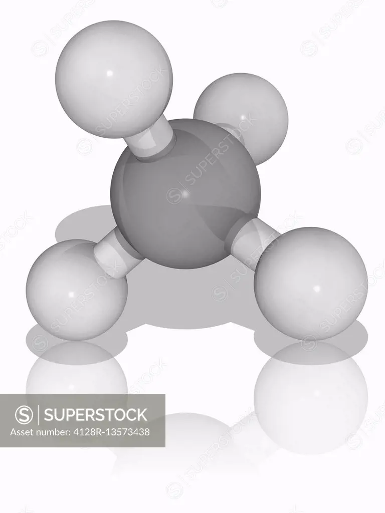 Methane. Molecular model of the alkane and hydrocarbon gas methane (CH4). It is the principal component of natural gas. It is the simplest possible al...
