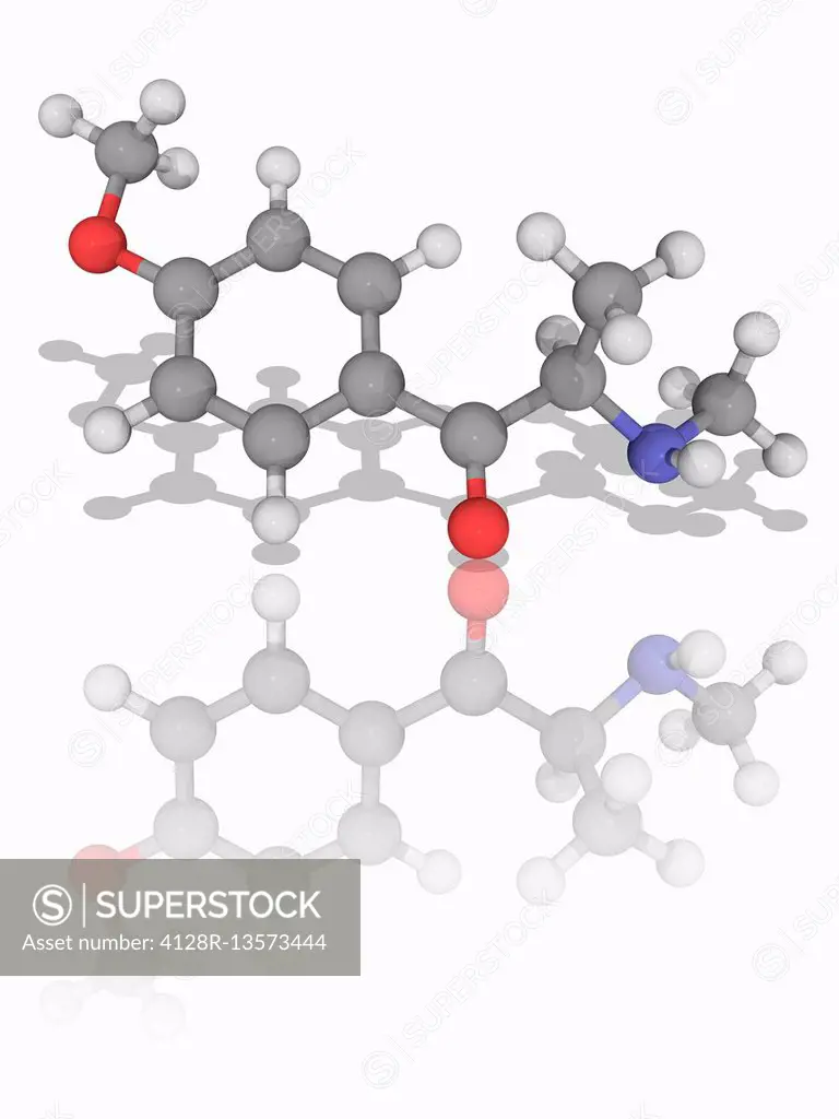 Methedrone. Molecular model of the drug methedrone (C11.H15.N.O2), also known as methoxyphedrine. This stimulant and entactogen drug is also classed a...