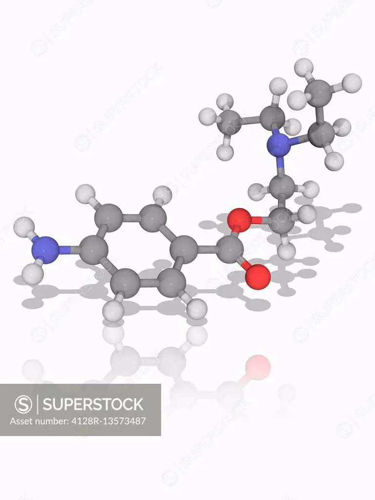 Procaine. Molecular model of the local anaesthetic drug procaine (C13.H20.N2.O2), also known as novocaine. This drug acts as a sodium channel blocker....