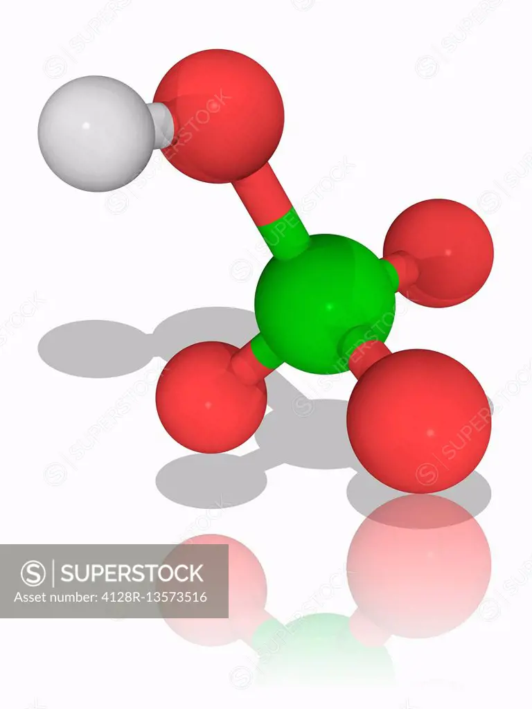 Perchloric acid. Molecular model of the powerful oxidising agent perchloric acid (H.Cl.O4). This strong acid is mainly used as a precursor to ammonium...