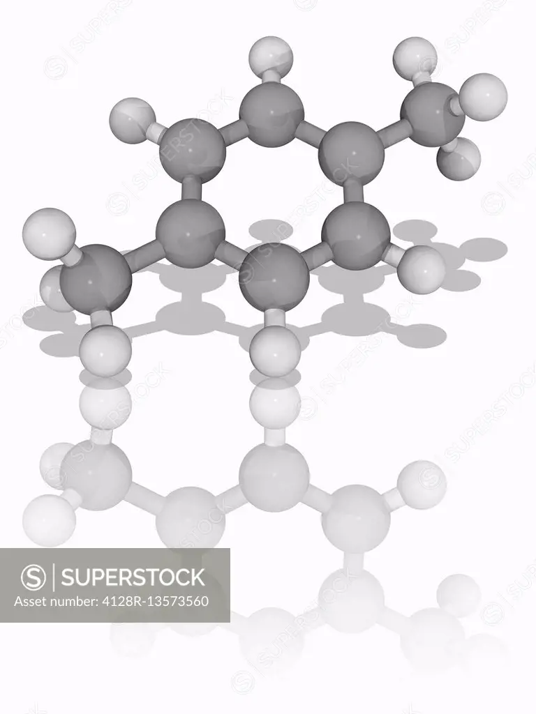 Para-Xylene. Molecular model of the aromatic hydrocarbon para-xylene (C8.H10). The structure is that of benzene with two methyl substituents. The subs...