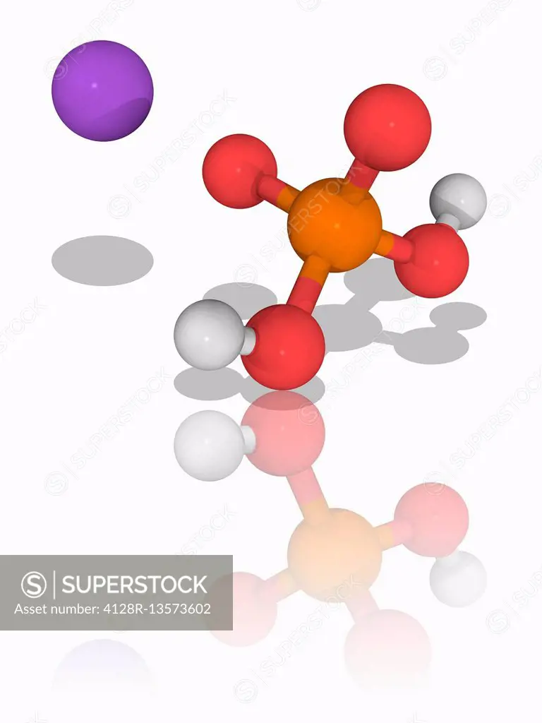 Monosodium phosphate. Molecular model of the chemical compound monosodium phosphate (Na.H2.P.O4), used as a food additive, thickening agent and emulsi...