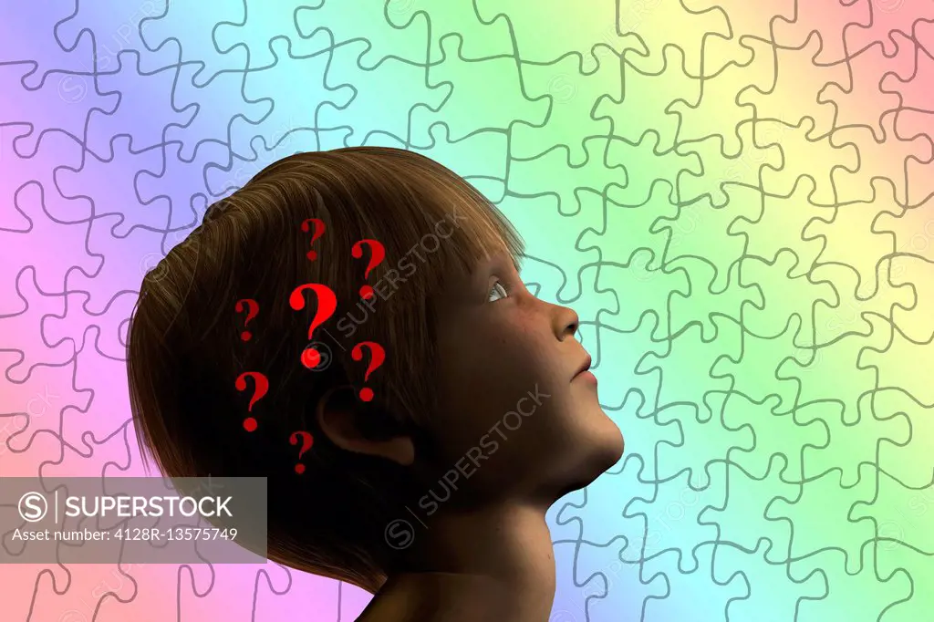 Illustration of a boy with question marks in his head against a jigsaw puzzle background.