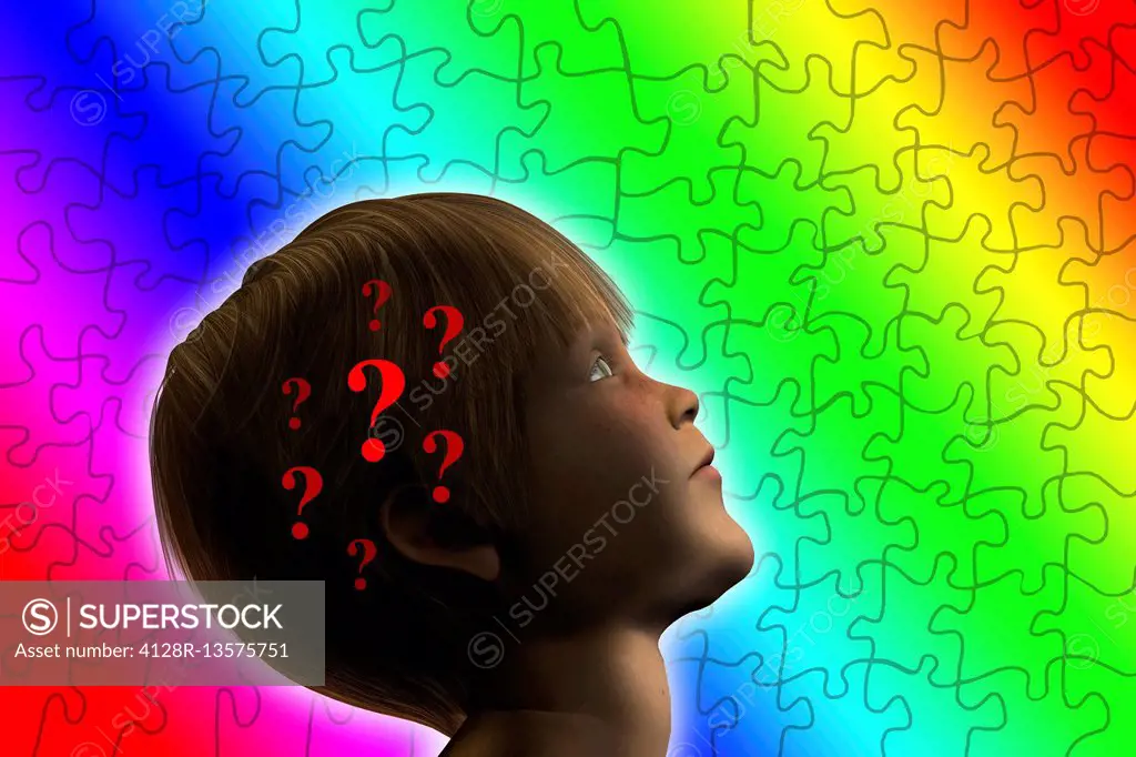 Illustration of a boy with question marks in his head against a jigsaw puzzle background.