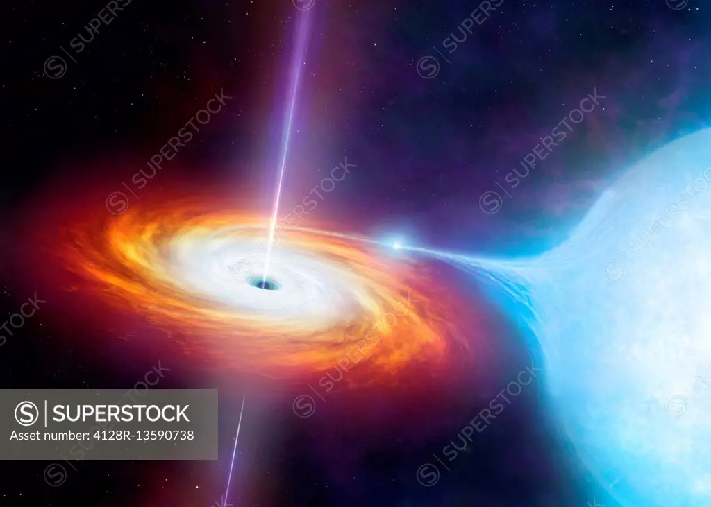 Artist's impression of an X-ray binary. These binary star systems comprise a compact star (black hole or neutron star) which is in orbit about a large...