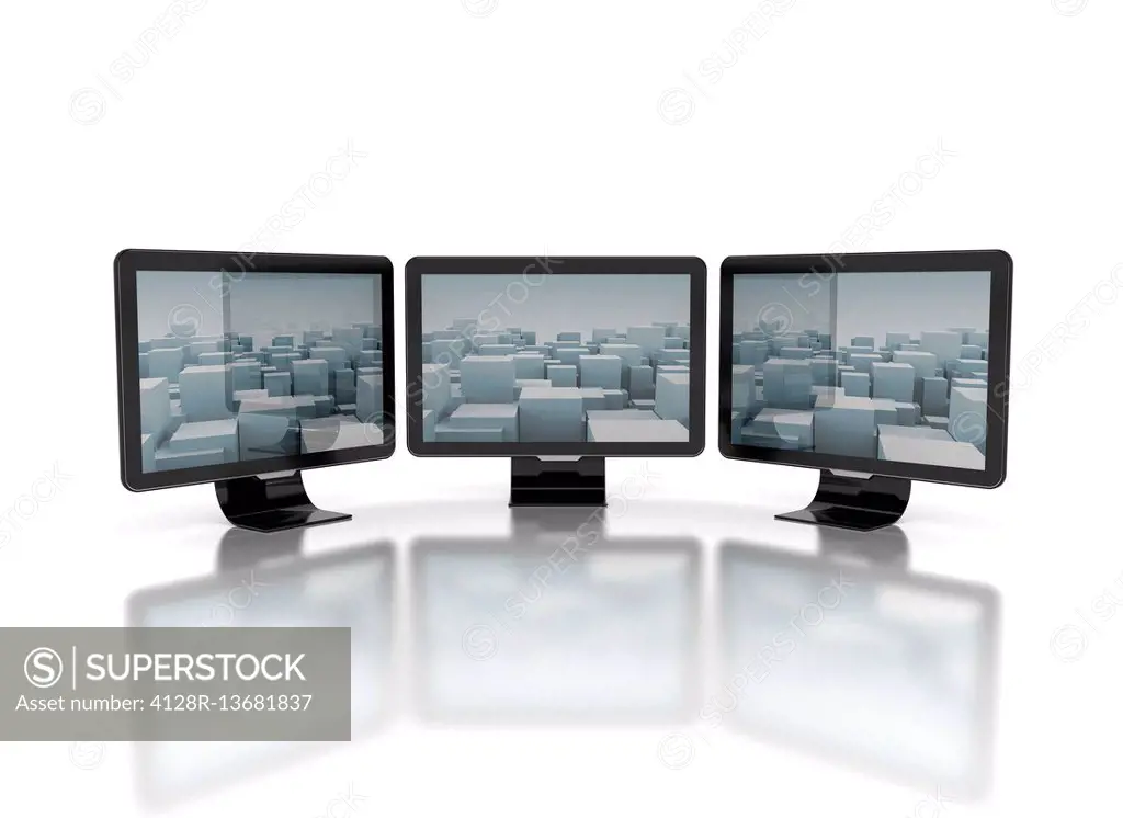 Three computer monitors against a white background.