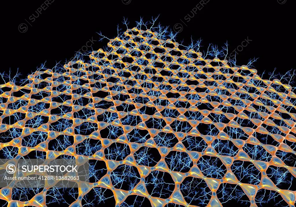 Graphene sheet. Illustration of the atomic-scale molecular structure of graphene, a single hexagonal layer of graphite. It is composed of hexagonally ...