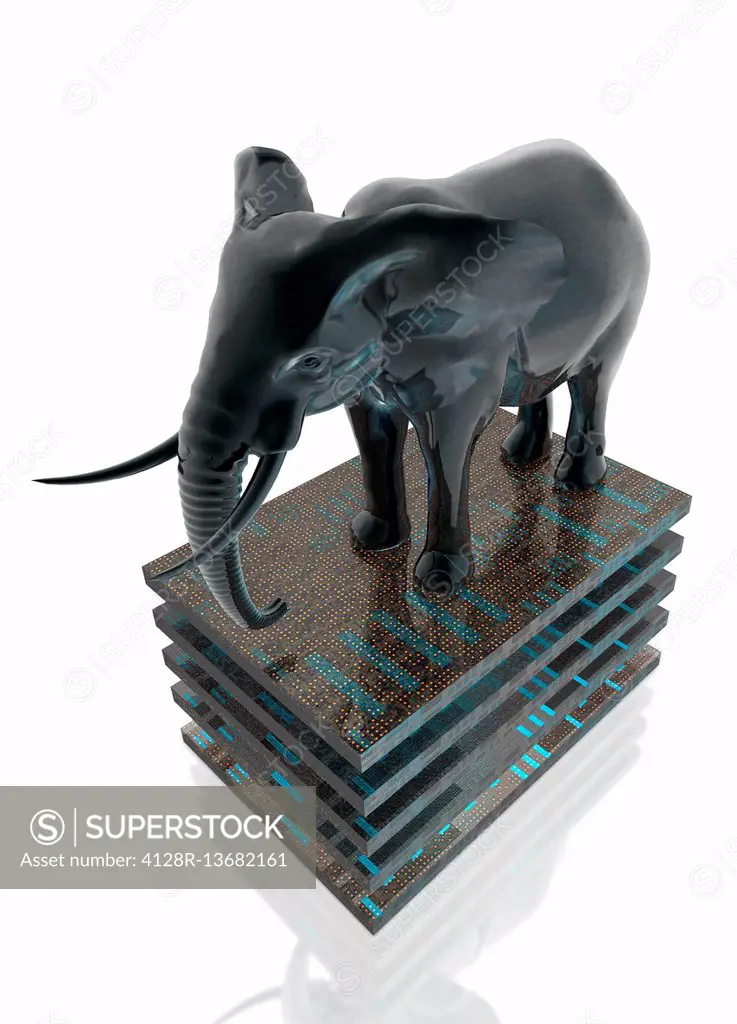 Model of elephant standing on circuit boards, illustration.