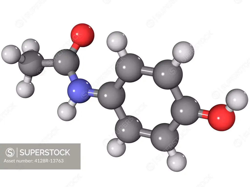 Paracetamol, molecular model. This is an analgesic painkiller drug. Atoms are represented as spheres and are colour_coded: carbon grey, hydrogen white...