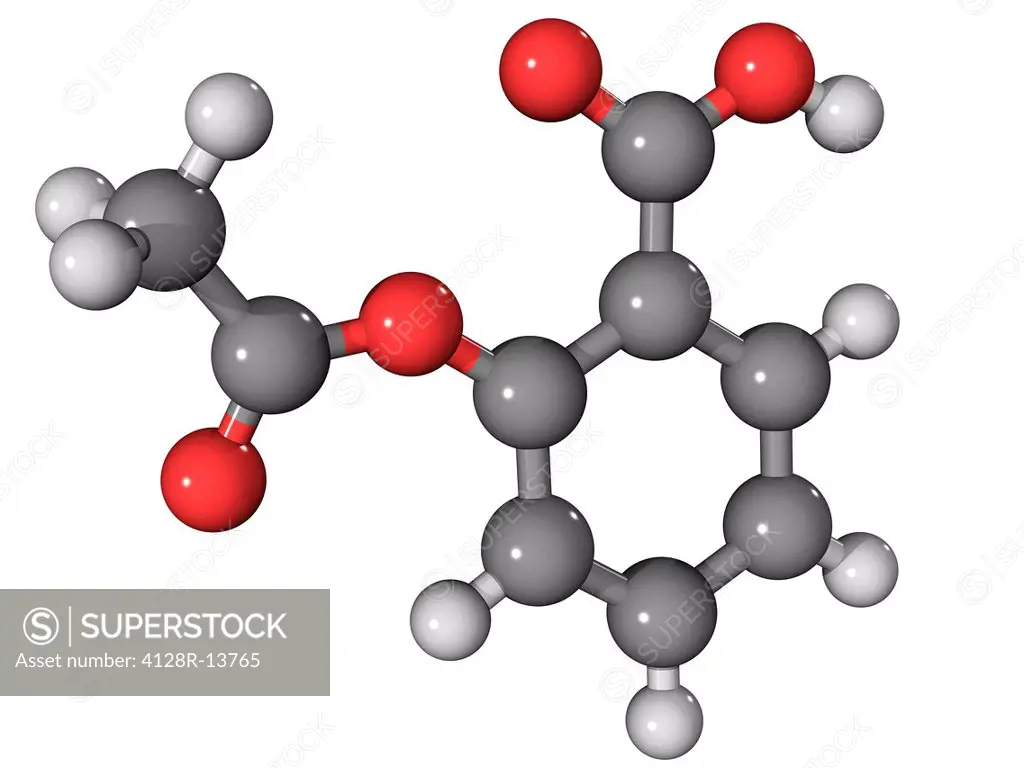 Aspirin, molecular model. Aspirin acetylsalicylic acid is an analgesic painkiller drug. Atoms are represented as spheres and are colour_coded: carbon ...