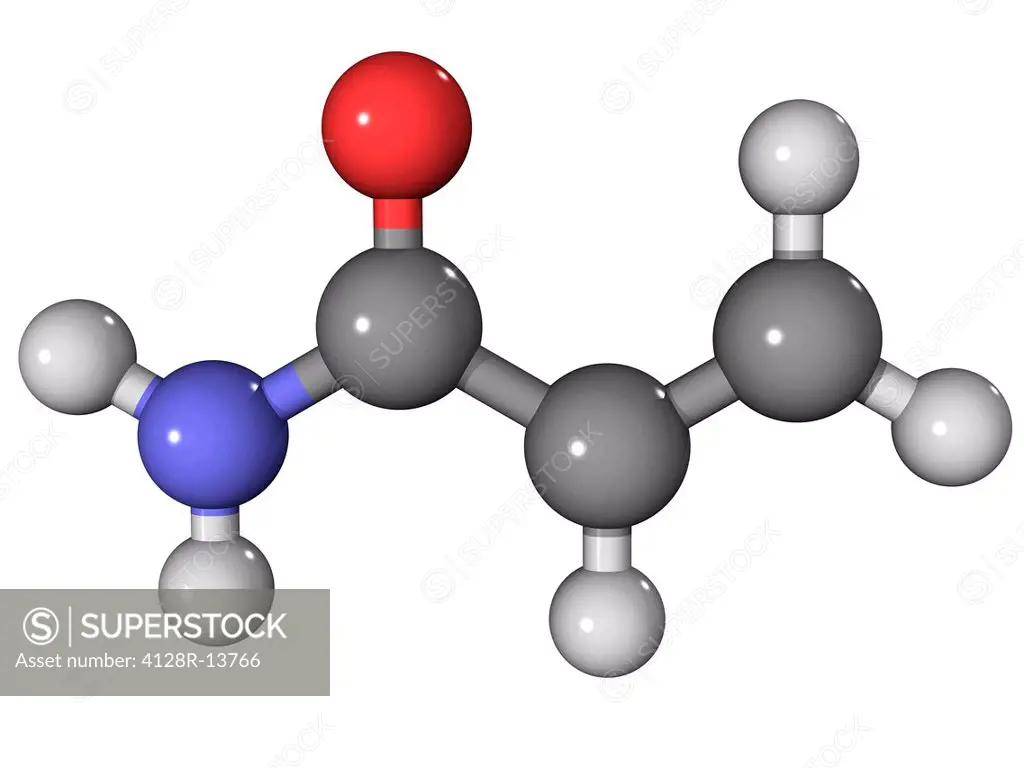 Acrylamide, molecular model. Acrylamide is used for the production of polyacrylamide, a thickener and substrate in gel electrophoresis. Atoms are repr...
