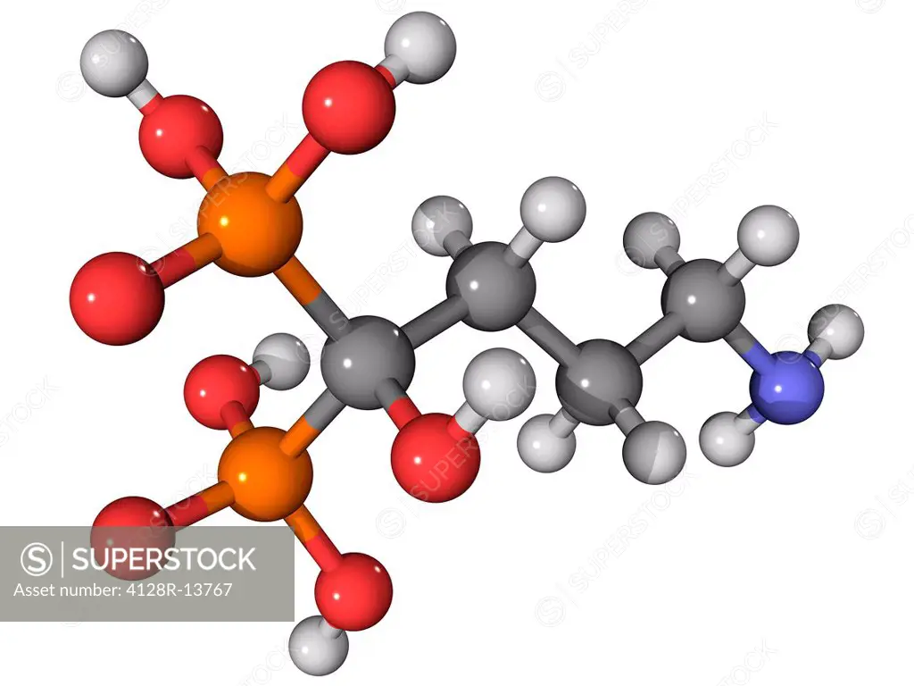 Alendronate, molecular model. This osteoporosis drug is marketed as Fosamax. Atoms are represented as spheres and are colour_coded: carbon grey, hydro...