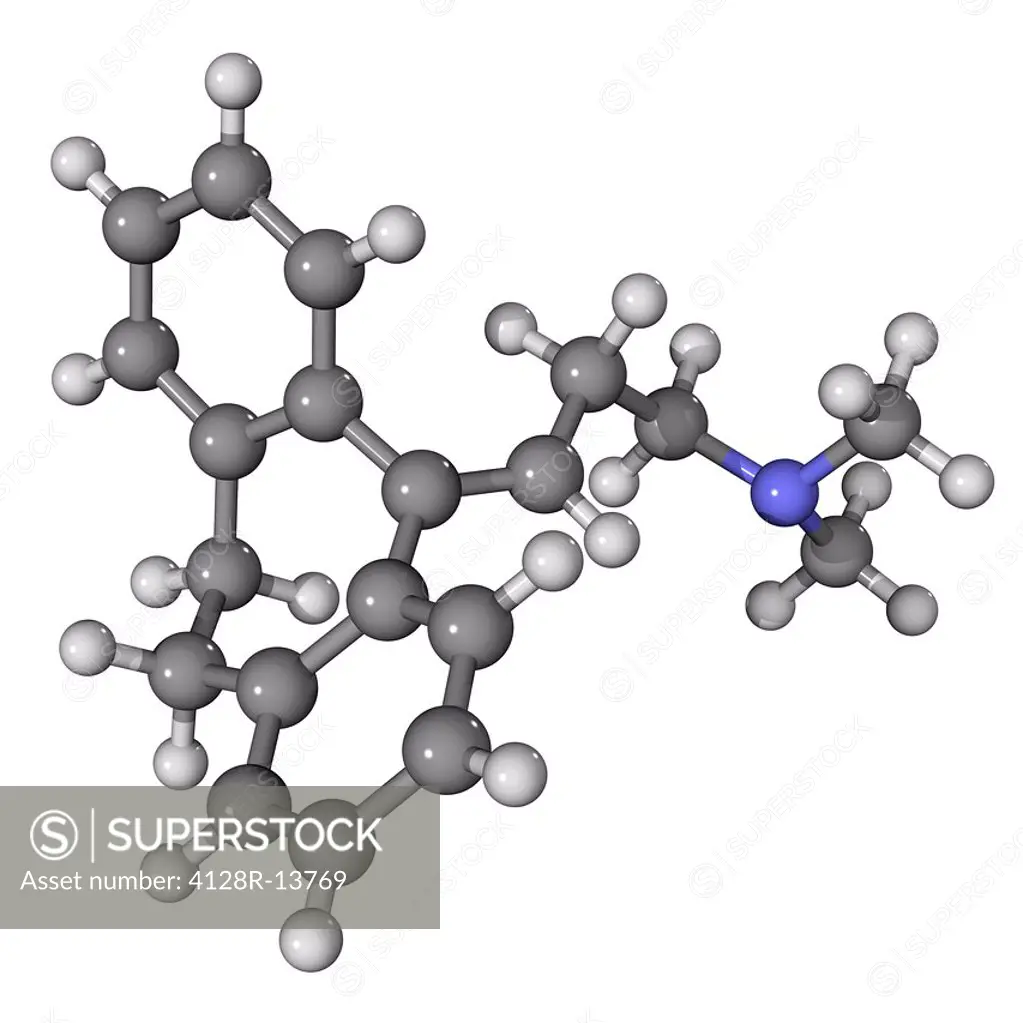 Amitriptyline, molecular model. Amitriptyline is a tricyclic antidepressant TCA drug. Atoms are represented as spheres and are colour_coded: carbon gr...