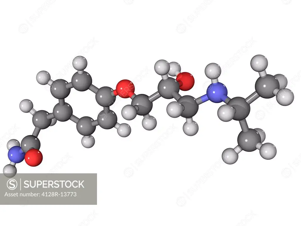 Atenolol, molecular model. This hypertension high blood pressure drug is marketed as Tenormin. Atoms are represented as spheres and are colour_coded: ...
