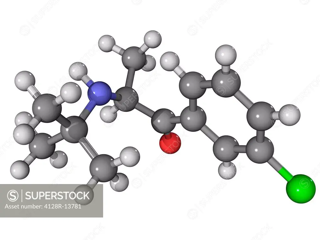 Bupropion, molecular model. This antidepressant and smoking cessation aid is sold under the brand names Zyban, Buproban and Wellbutrin. Atoms are repr...