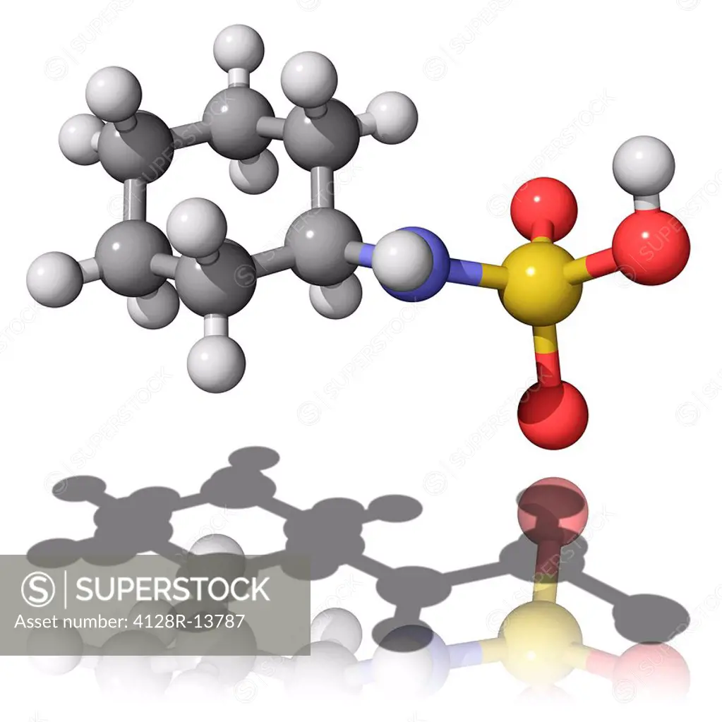 Cyclamate, molecular model. This artificial sweetener is 30 to 50 sweeter than sugar. Atoms are represented as spheres and are colour_coded: carbon gr...