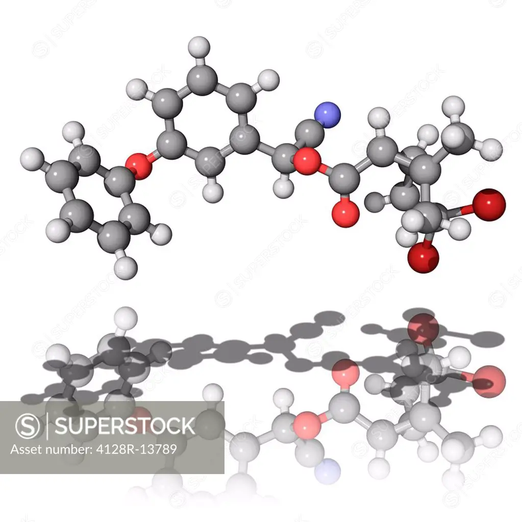 Deltamethrin pesticide, molecular model. Atoms are represented as spheres and are colour_coded: carbon grey, hydrogen white, oxygen red and nitrogen b...