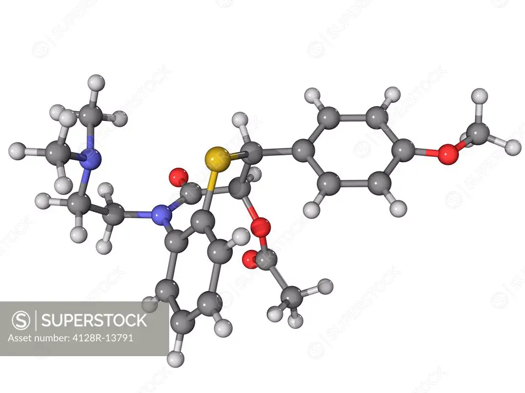 Diltiazem, molecular model. This calcium channel blocker drug is used to treat hypertension high blood pressure and angina. Atoms are represented as s...