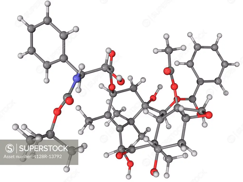 Docetaxel, molecular model. This anti_cancer drug is marketed as Taxotere. Atoms are represented as spheres and are colour_coded: carbon grey, hydroge...