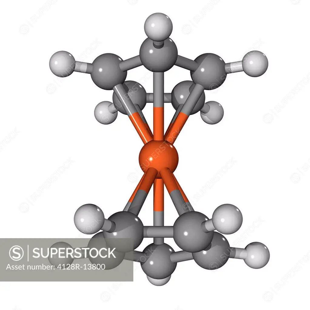 Ferrocene, molecular model. The shape of this organometallic compound has led it and related compounds to be known as sandwich compounds. Atoms are re...