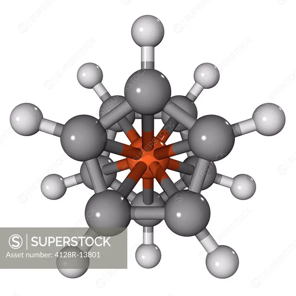 Ferrocene, molecular model. The shape of this organometallic compound has led it and related compounds to be known as sandwich compounds. Atoms are re...