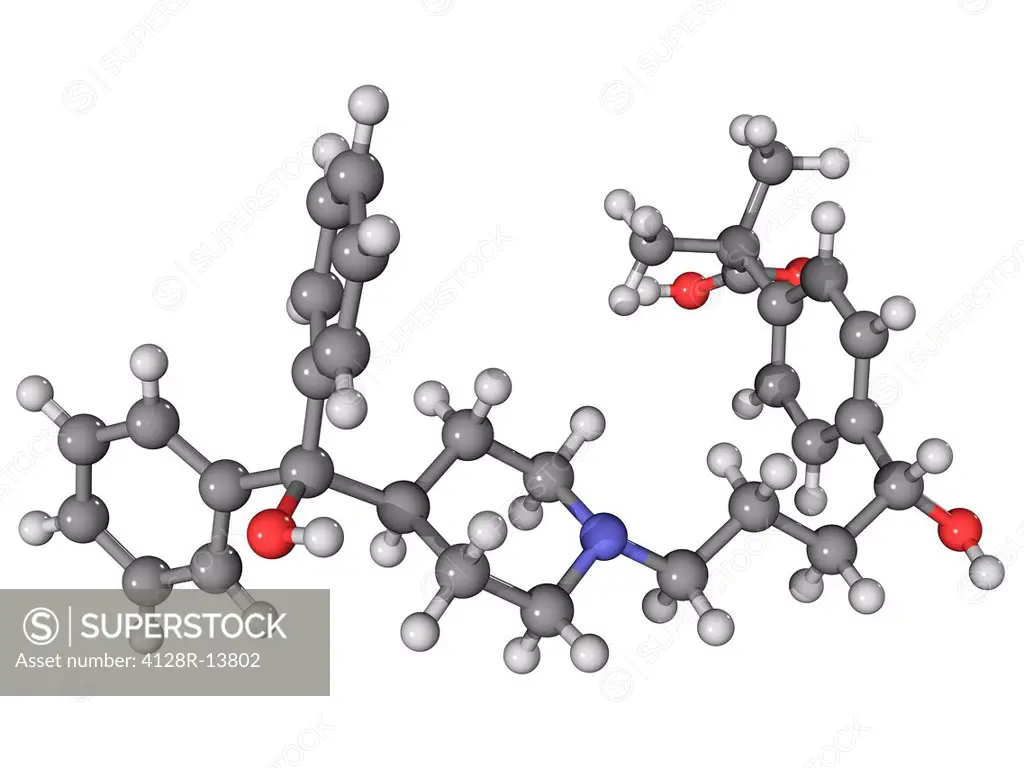 Fexofenadine, molecular model. This is a non_sedating antihistamine drug. Atoms are represented as spheres and are colour_coded: carbon grey, hydrogen...