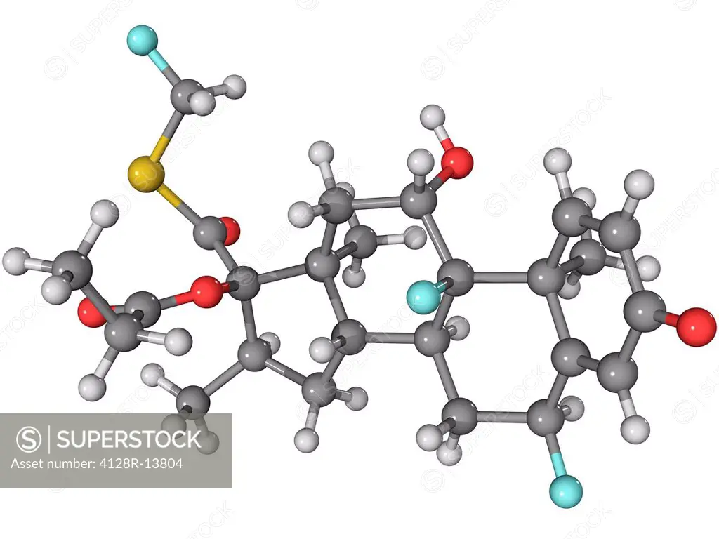 Fluticasone , molecular model. This corticosteroid is used to treat asthma attacks. Atoms are represented as spheres and are colour_coded: carbon grey...