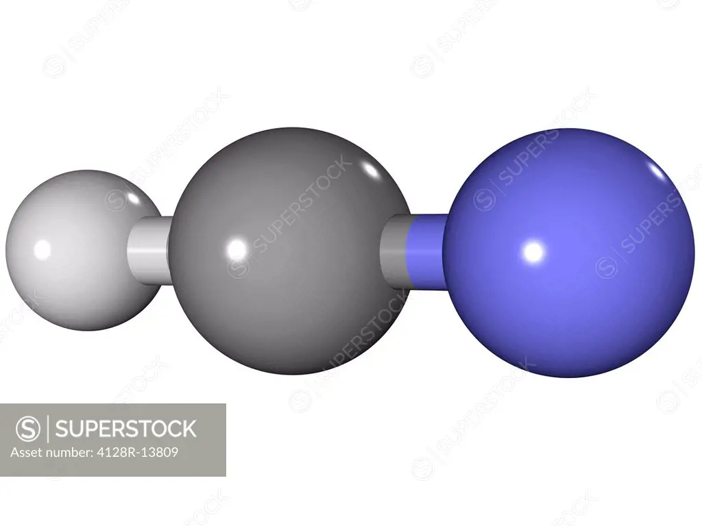 Hydrogen cyanide, molecular model. This poisonous chemical is used in the production of explosives and in tempering steel. Atoms are represented as sp...