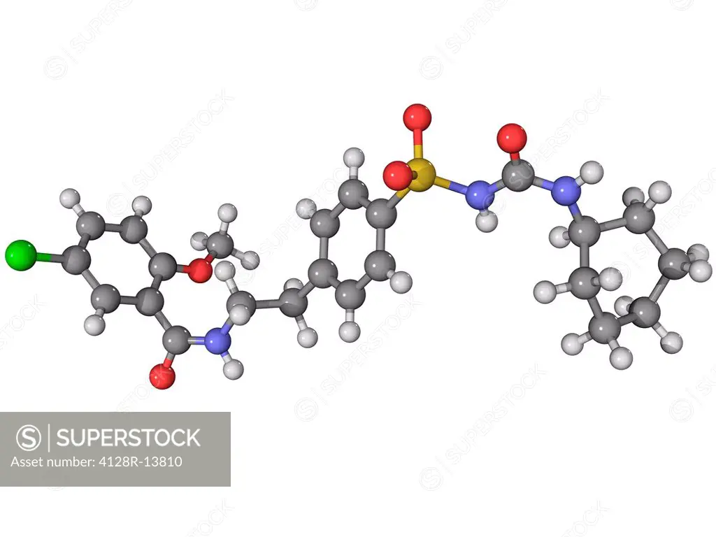 Glibenclamide, molecular model. This drug is used to treat type 2 diabetes. Atoms are represented as spheres and are colour_coded: carbon grey, hydrog...