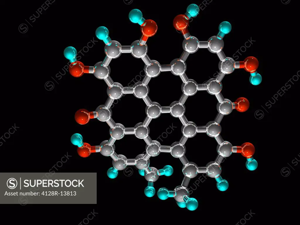Hypericin drug, molecular model. This is an antiviral extracted from St John´s wort Hypericum perforatum. Atoms are represented as spheres and are col...