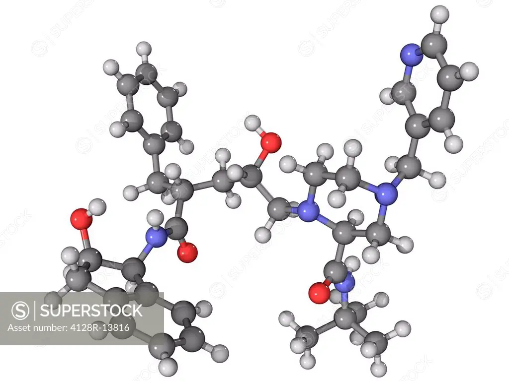 Indinavir AIDS drug, molecular model. This is a protease inhibitor marketed as Crixivan. Atoms are represented as spheres and are colour_coded: carbon...