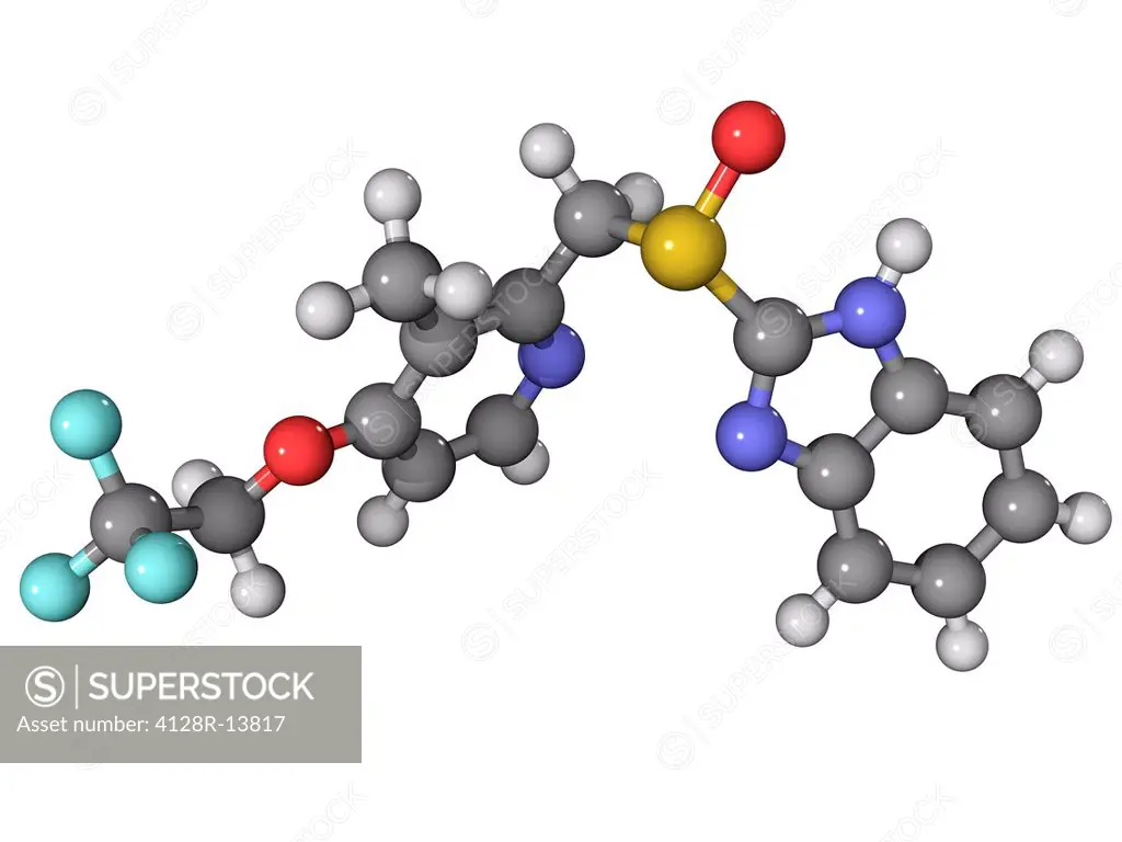 Lansoprazole drug, molecular model. This is a proton_pump inhibitor used to treat conditions where too much acid is produced by the stomach, including...