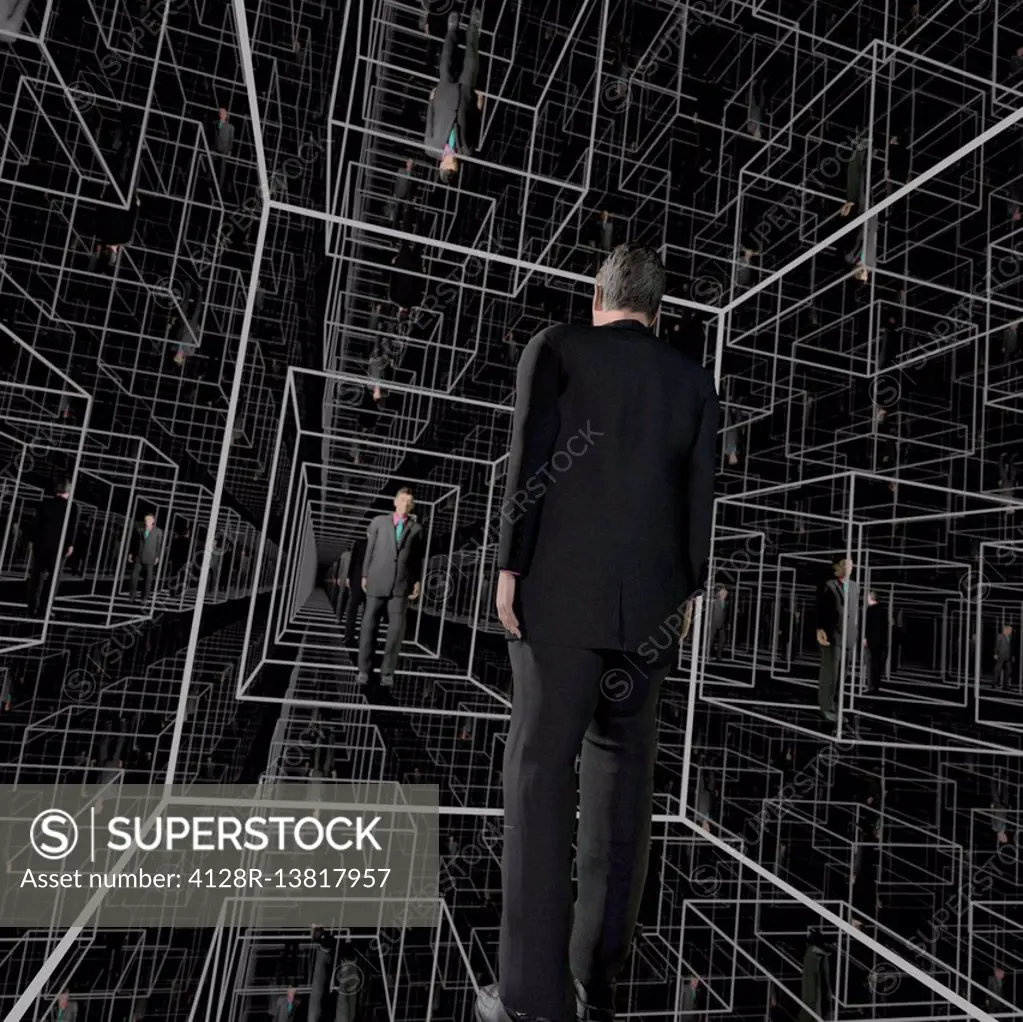 Identical men in a matrix-like structure of cubicles, seeming to be endless. Full CGI (including human figures)