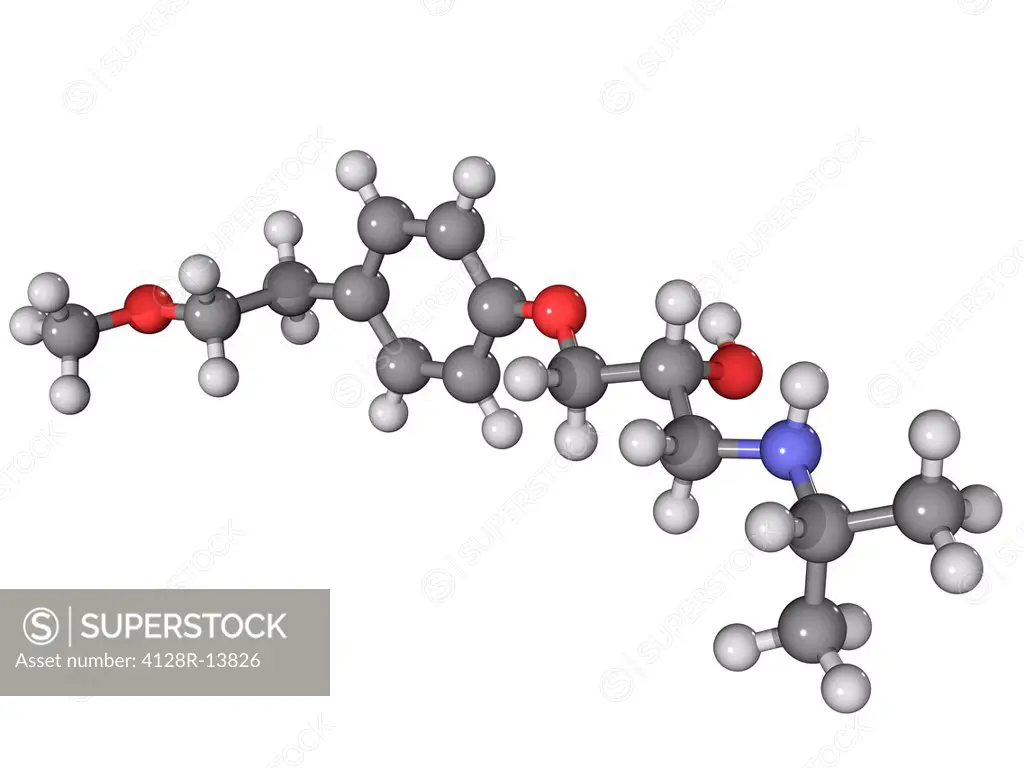 Metoprolol, molecular model. This beta_blocker drug is used to treat hypertension high blood pressure and angina. Atoms are represented as spheres and...