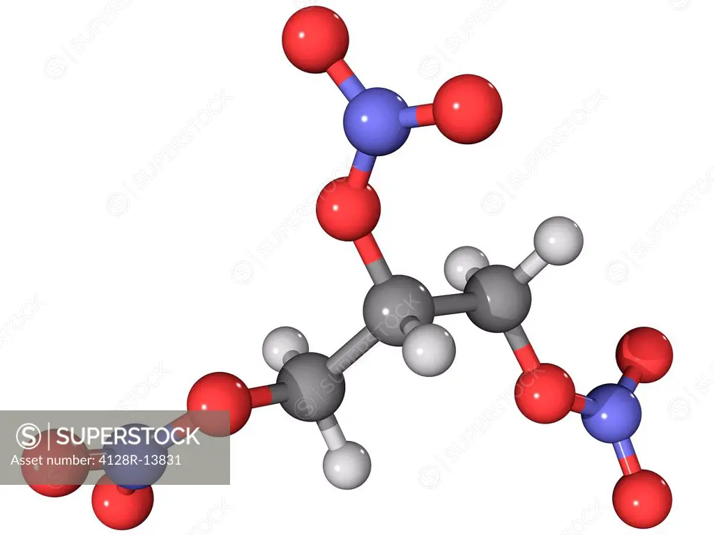Nitroglycerin, molecular model. This chemical is used as a heart drug and an explosive. Atoms are represented as spheres and are colour_coded: carbon ...