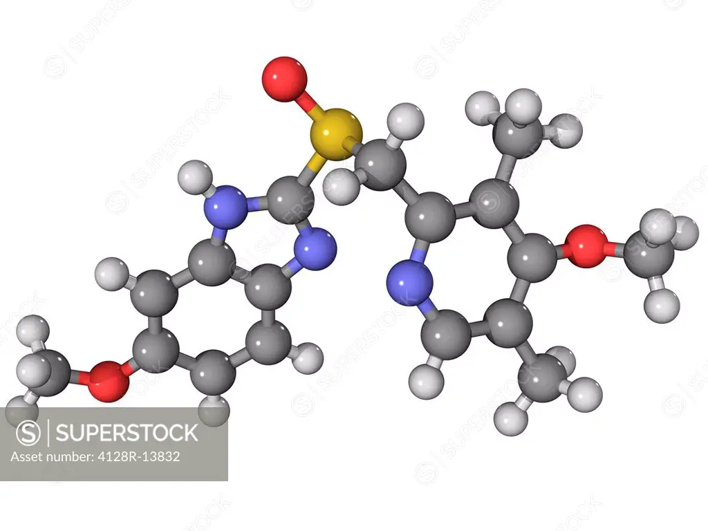 Omeprazole drug, molecular model. This is a proton_pump inhibitor used to treat conditions where too much acid is produced by the stomach, including u...