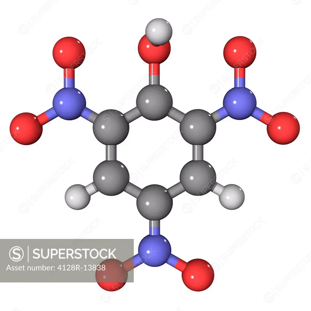 Picric acid explosive, molecular model. Atoms are represented as spheres and colour_coded: carbon grey, hydrogen white, nitrogen blue and oxygen red.