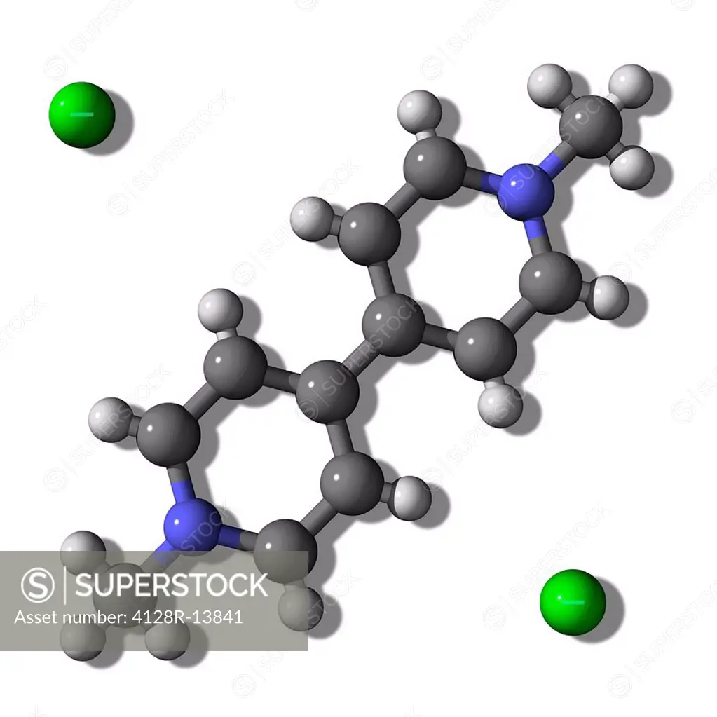 Paraquat, molecular model. This is a non_selective herbicide. Atoms are represented as spheres and are colour_coded: carbon grey, hydrogen white, nitr...
