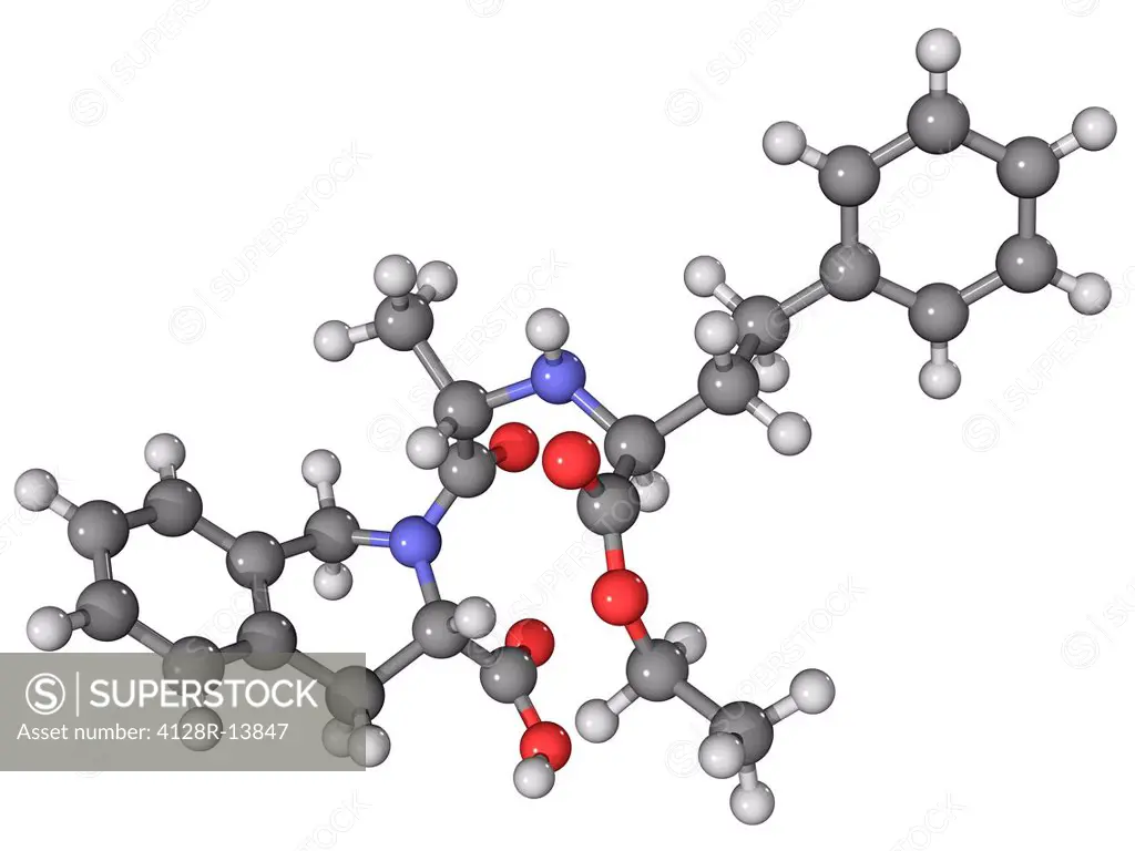 Quinapril, molecular model. This is an ACE inhibitor drug used to treat hypertension high blood pressure and congestive heart failure. Atoms are repre...