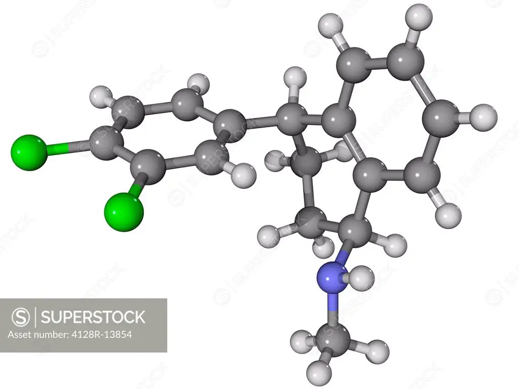 Zoloft. Molecular model of the antidepressant drug sertraline, which is marketed as Zoloft. It is a selective serotonin reuptake inhibitor SSRI. Atoms...