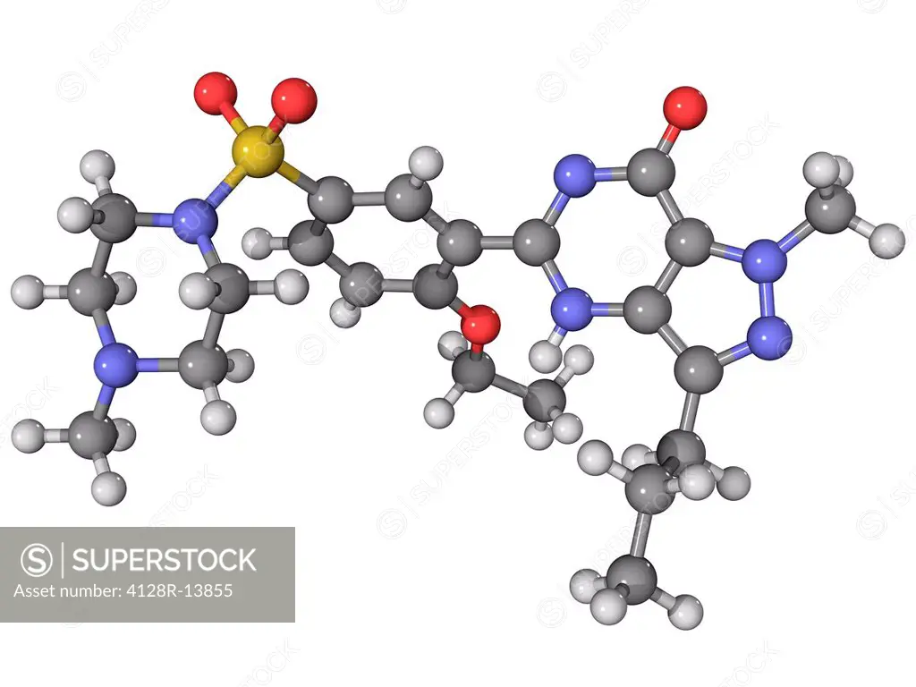 Viagra. Molecular model of the drug sildenafil citrate, marketed under the brands Viagra and Revatio. Atoms are represented as spheres and are colour_...