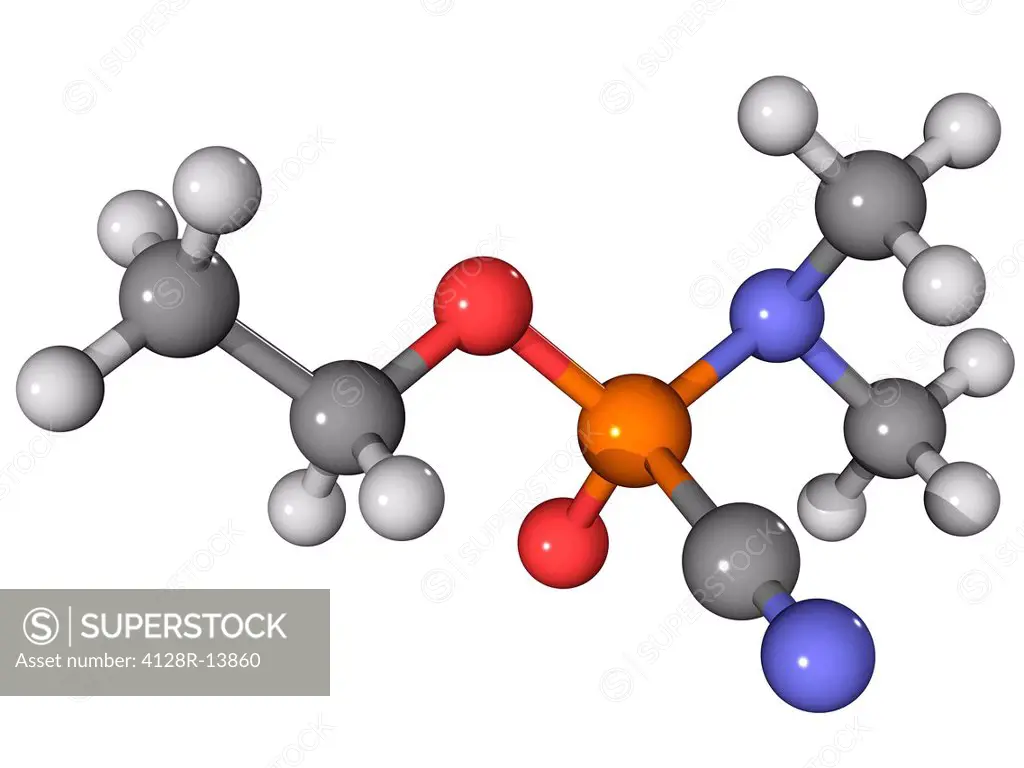 Tabun, molecular model. This nerve agent is also known as GA. Atoms are represented as spheres and are colour_coded: carbon grey, hydrogen white, nitr...