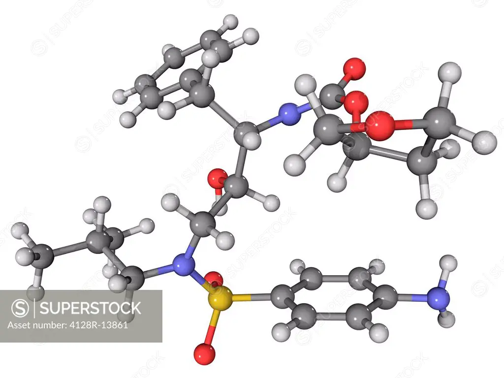 VX478 AIDS drug, molecular model. This is a protease inhibitor drug. Atoms are represented as spheres and are colour_coded: carbon grey, hydrogen whit...