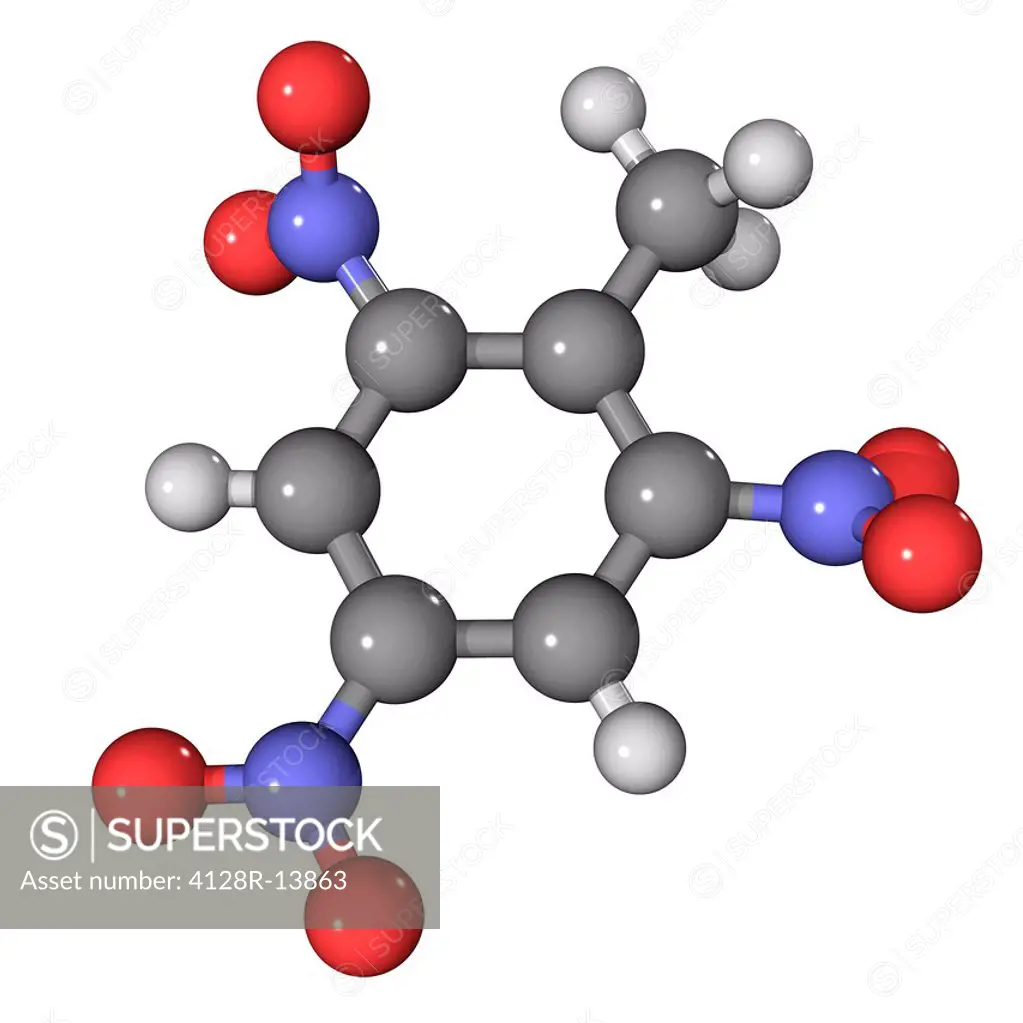 TNT. Molecular model of the explosive TNT. Atoms are represented as spheres and are colour_coded: carbon grey, hydrogen white, nitrogen blue and oxyge...