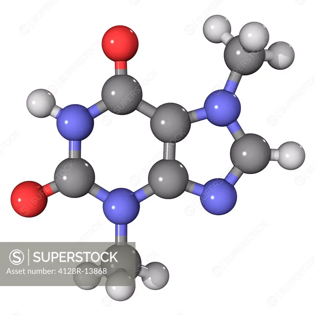 Theobromine, molecular model. This bitter alkaloid is found in cocoa bean. Atoms are represented as spheres and are colour_coded: carbon grey, hydroge...
