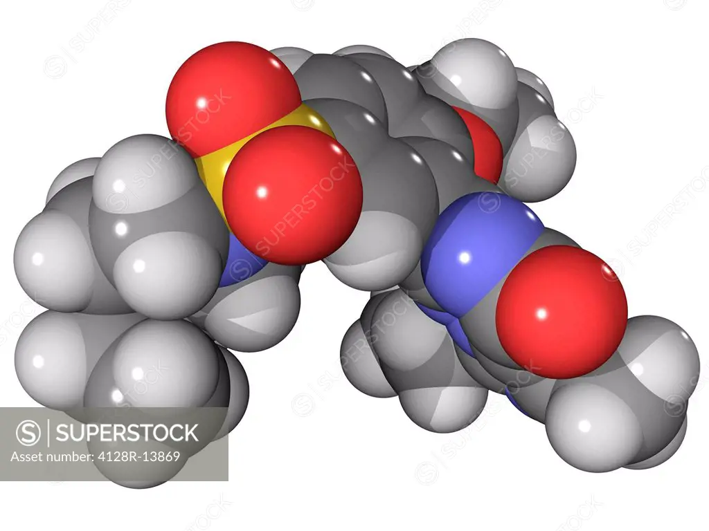 Vardenafil, molecular model. This erectile dysfunction drug is marketed as Levitra. Atoms are represented as spheres and are colour_coded: carbon grey...